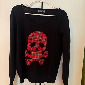 Black Sweater with Red Plaid Skull Design